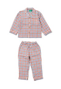 Checkered pajama set in red, blue, and white. Includes long-sleeve top with buttons and matching elastic waistband pants. Soft fabric texture.