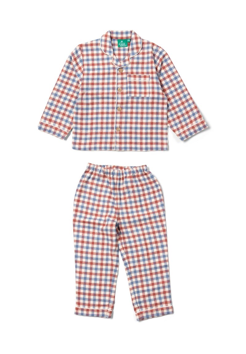 Checkered pajama set in red, blue, and white. Includes long-sleeve top with buttons and matching elastic waistband pants. Soft fabric texture.
