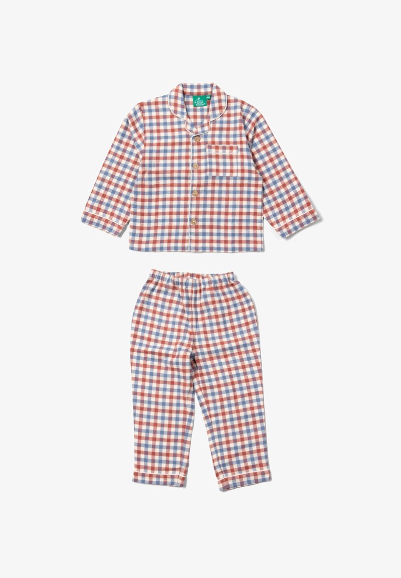 Checkered pajama set in red, blue, and white. Includes long-sleeve top with buttons and matching elastic waistband pants. Soft fabric texture.