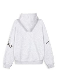 Light grey hoodie with a soft texture, featuring a hood, ribbed cuffs, and printed text on the left arm and back.