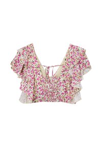 Blusa floreale cropped con fiori rosa, beige e marroni, maniche a sbuffo, parte frontale arricciata e dettaglio con lacci sul retro, su sfondo bianco.