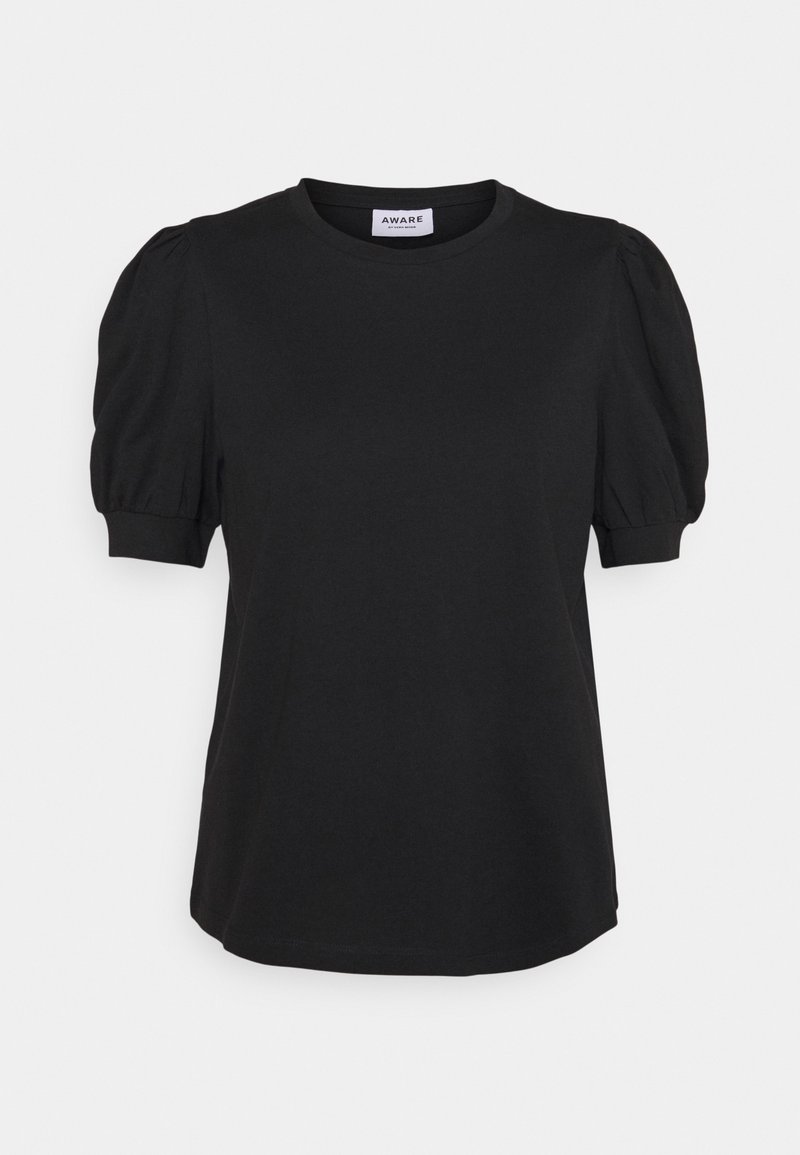 Chemise noire à manches courtes avec manches bouffantes et poignets côtelés, encolure ronde, avec une étiquette portant l'inscription "AWARE" au niveau du col arrière.