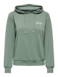 Sweat à capuche vert sauge avec poche kangourou avant, cordons réglables, poignets et ourlet côtelés, et logo blanc "LIMITLESS" sur la poitrine.