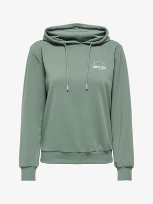 Salviegrønn hettegenser med lomme foran, justerbare snorer, ribbestrikkede mansjetter og kant, og hvit "LIMITLESS"-logo på brystet.