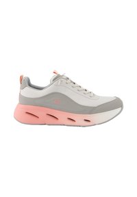 Scarpa sportiva grigia chiaro con accenti rosa. Presenta una tomaia in tessuto liscio, una soletta imbottita e ritagli per la traspirabilità. Design con lacci.