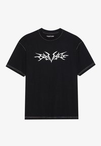 Black cotton t-shirt with short sleeves, featuring a white flame-style graphic text “SAVAGE” across the chest and contrasting stitching.