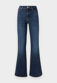 Blugi evazați din denim albastru cu talie înaltă, având cinci buzunare, închidere cu nasture metalic și fermoar, și o textură netedă.