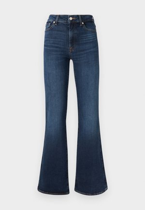 Kék, trapéz szabású farmernadrág magas derékkal, ötlovas zsebbel, fém gombbal és cipzáras rögzítéssel, sima tapintású anyagból.