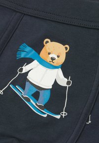 Námořnická tkanina zobrazuje kresleného medvěda, který lyžuje, nosí modrý šátek a bílou bundu, s modrými lyžemi, na pozadí s hladkou texturou.