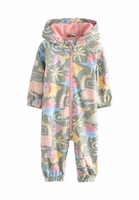 Einteiliger Regenanzug für Kinder in hellgrün mit bunten Dinosaurier- und Palmenprints; mit einer rosa Fleece-fütterten Kapuze und elastischen Bündchen.