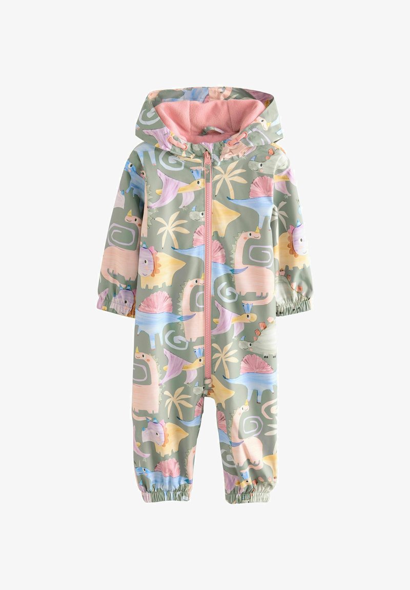 Combinaison à capuche pour enfant avec imprimés pastel de dinosaures et de palmiers, doublure intérieure rose, fermeture éclair devant et poignets élastiques aux manches et aux jambes.