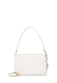 Borsa a mano in pelle bianca con una forma rettangolare strutturata. Presenta una tracolla staccabile e dettagli in hardware color oro.