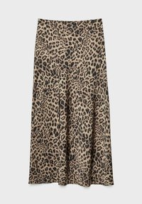 Spódnica midi w panterkę w odcieniach beżu i czerni, o rozszerzanym kroju, uszyta z miękkiego materiału o gładkiej fakturze. Brak widocznych elementów metalowych.