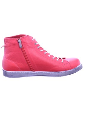 Red leather high-top sneakers with a side zipper, white laces, and a textured rubber sole. Rounded toe and stitching details are visible.
