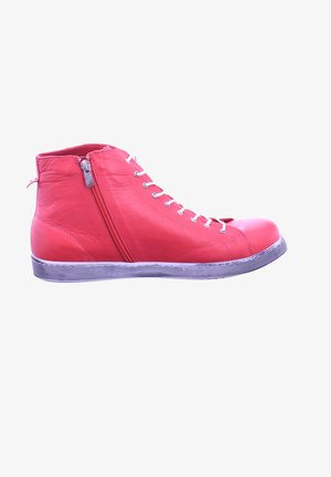 Red leather high-top sneakers with a side zipper, white laces, and a textured rubber sole. Rounded toe and stitching details are visible.