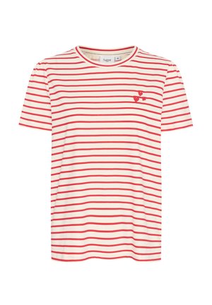 Punane ja valge triibuline lühikeste varrukatega T-särk, ümmargune kaelus, millel on vasakul rinnal väike brodeeritud südamekujundus. Valmistatud pehmest kangast.