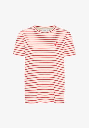 Rdeče in bele črtaste kratke majice s kratkimi rokavi, okrogla zgornja obroba, z majhno vezeno srčno obliko na levi strani prsnega koša. Narejena iz mehkega materiala.
