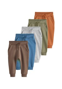 Viisi paria lasten collegehousuja ruskeana, sinisenä, harmaana, vihreänä ja oranssina, pehmeästä materiaalista, joissa on nauhakuja ja taskut.