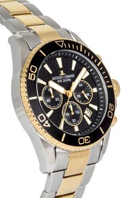 Orologio cronografo nero e oro con bracciale in acciaio inossidabile e tonalità oro. Caratterizzato da un quadrante nero testurizzato, lancette luminose e display della data.