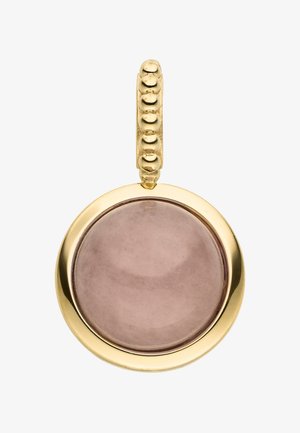 Goldanhänger mit einem runden, glatten, helllila Stein, der von einer polierten goldenen Fassung umgeben ist; strukturiertes, perlenähnliches Öse.