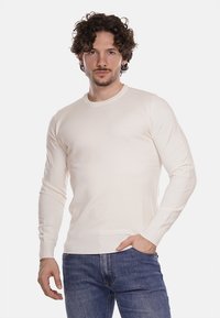 Maglione a maniche lunghe di colore crema chiaro, in un design aderente. Collo e polsini a coste con una texture liscia. Indossato con jeans blu.