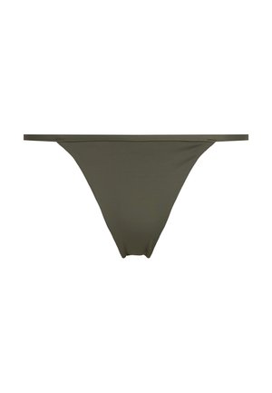 Perizoma verde oliva realizzato in tessuto morbido, con sottili bretelle laterali e un design minimalista con una vita bassa.
