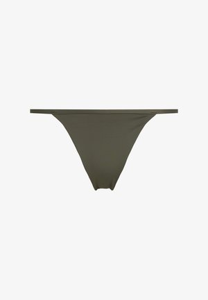 Olijfgroene bikini onderkant van gladde stof, met dunne zijbanden en een minimalistisch ontwerp met een lage snit.