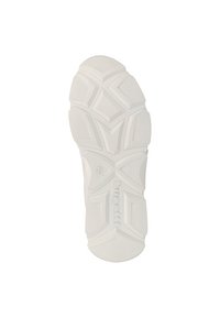 Hvid gummisål til sneakers med en tekstureret overflade, geometriske mønstre og det brandede 'bugatti'-mærke. Designet inkluderer multidirektionelt greb.