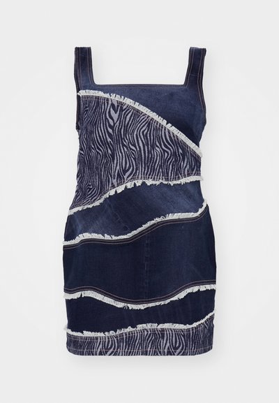 Denim dress with square neckline, featuring zebra-striped pattern and frayed edges along curved seams. Dark blue with contrasting stitching.