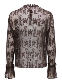 Blouse longue en dentelle marron transparente à manches longues, motifs floraux, fermeture dos goutte et poignets volantés.