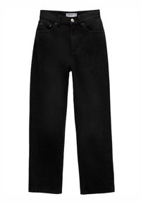 Jean en denim noir à coupe droite, cinq poches, et fermeture par bouton à la taille. Texture douce et coutures robustes.