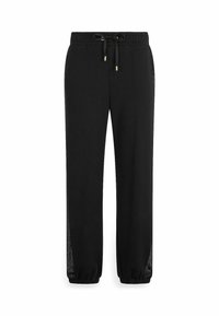 Pantalons de survêtement noirs avec une taille élastique et un cordon de serrage ajustable. Présente des jambes fuselées et des panneaux latéraux en mesh pour la ventilation.