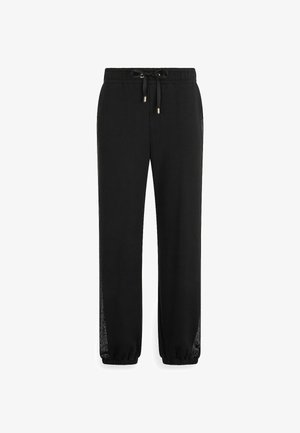 Pantaloni da tuta neri con vita elastica e cordino regolabile. Presentano gambe affusolate e pannelli laterali in mesh per una buona ventilazione.