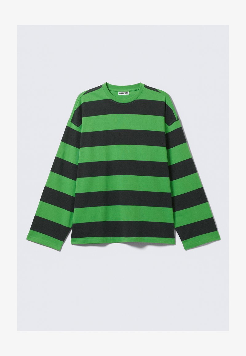 Maglietta a maniche lunghe in cotone, con audaci righe orizzontali nere e verdi, girocollo e spalle scese.