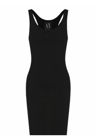 Abito nero aderente senza maniche realizzato in tessuto elasticizzato, con scollo rotondo e texture liscia. L'etichetta mostra le iniziali del marchio "A|X."