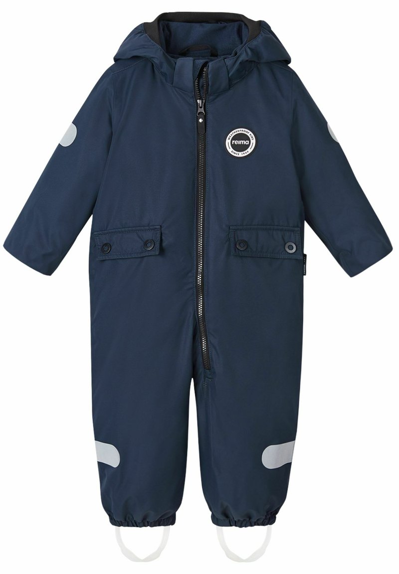 Marineblauwe waterdichte kinderoverall met een ritssluiting aan de voorkant, elastische mouwen, twee voorzakken en reflecterende accenten op de mouwen en benen.