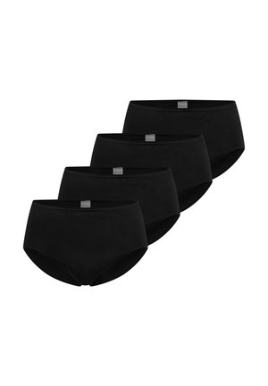 Quatre culottes taille haute noires identiques disposées en ligne diagonale sur un fond blanc, chacune avec une petite étiquette grise à la taille.