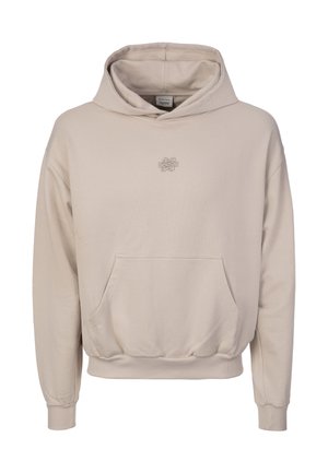 Beżowa bluza z kapturem z przednią kieszenią typu kangur i małym wyhaftowanym logo na środku klatki piersiowej, z ściągaczami na rękawach i u dołu.
