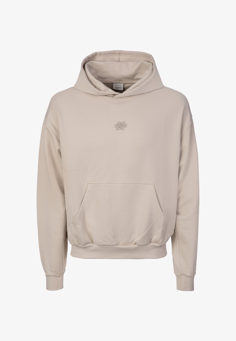 Sweat à capuche beige avec poche kangourou à l'avant et petit logo brodé centré sur la poitrine, poignets et ourlet côtelés.