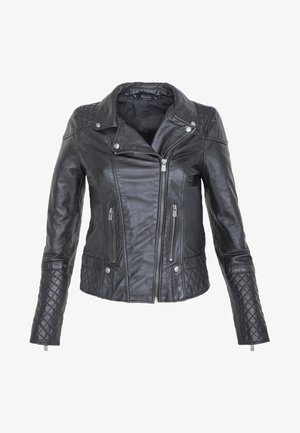 Schwarze Lederjacke mit gestepptem Design an den Ärmeln, asymmetrischem Reißverschluss und zwei Reißverschlusstaschen vorne. Glatte Oberfläche.