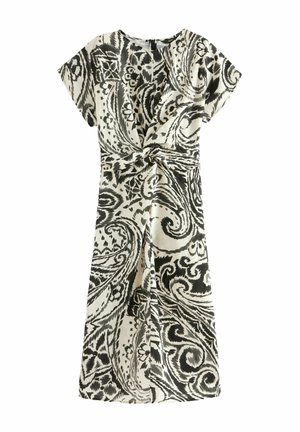 Melnbalts paisley raksts kleita ar īsām piedurknēm, mezglošanas vidukļa detaļa un ceļgala garuma A-siluets.