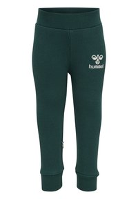 Gröna ribbade leggings tillverkade av ett stretchigt material, med hög midja och en liten vit logotyp på vänster lår.