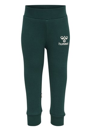 Groene geribde leggings van rekbaar materiaal, met een hoge tailleband en een klein wit logo op de linker bovenbeen.