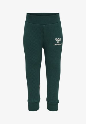 Grüne gerippte Leggings aus einem dehnbaren Stoff, mit hohem Bund und einem kleinen weißen Logo am linken Oberschenkel.