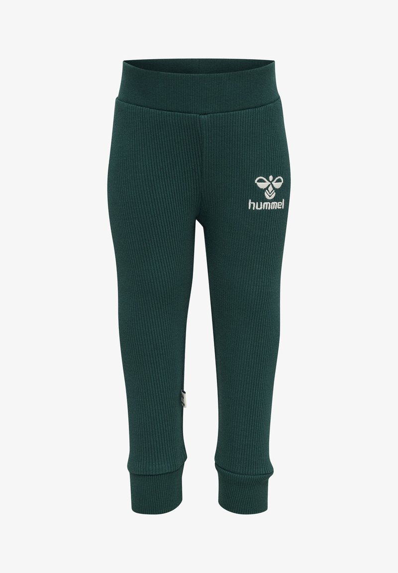 Groene geribde leggings van rekbaar materiaal, met een hoge tailleband en een klein wit logo op de linker bovenbeen.