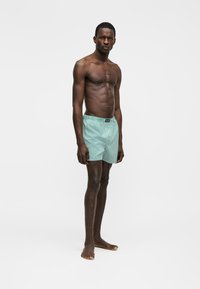 Vékony, sötét bőrű férfi mezítláb áll, felső nélkül, világos zöld-fehér függőleges csíkos boxeralsót visel, egyszínű fehér háttér előtt.