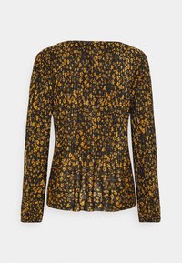 Langärmlige Bluse aus schwarzem Stoff mit kleinem gelben Blumenmuster. Verfügt über eine gepresste Textur und ein gerades Rückendesign.