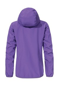 Lila, leichtgewichtige Jacke mit Kapuze, langen Ärmeln und elastischen Bündchen. Glatte Textur, entworfen für den Einsatz im Freien.