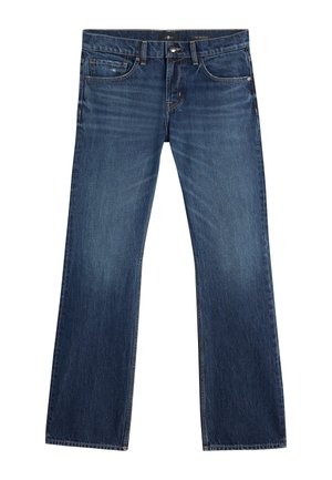 Ciemnoniebieskie dżinsy z denimu o prostych nogawkach, z kontrastowym przeszyciem, pięcioma kieszeniami oraz zapięciem na guzik. Gładka faktura bez ozdób.