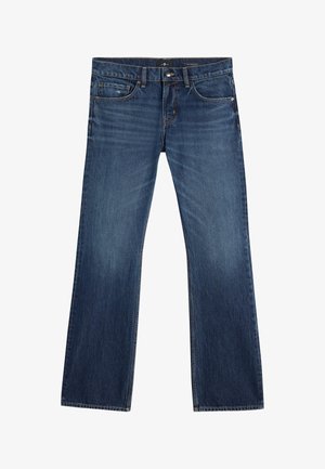 Ciemnoniebieskie dżinsy z denimu o prostych nogawkach, z kontrastowym przeszyciem, pięcioma kieszeniami oraz zapięciem na guzik. Gładka faktura bez ozdób.